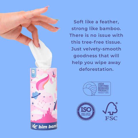 Bim Bam Boo 100% Bamboo Facial Tissue Tube, 3-ply Hypoallergenic Travel Tissues in Car Tissue Holder, 1 Eco-Friendly Cylinder Tissue Tube