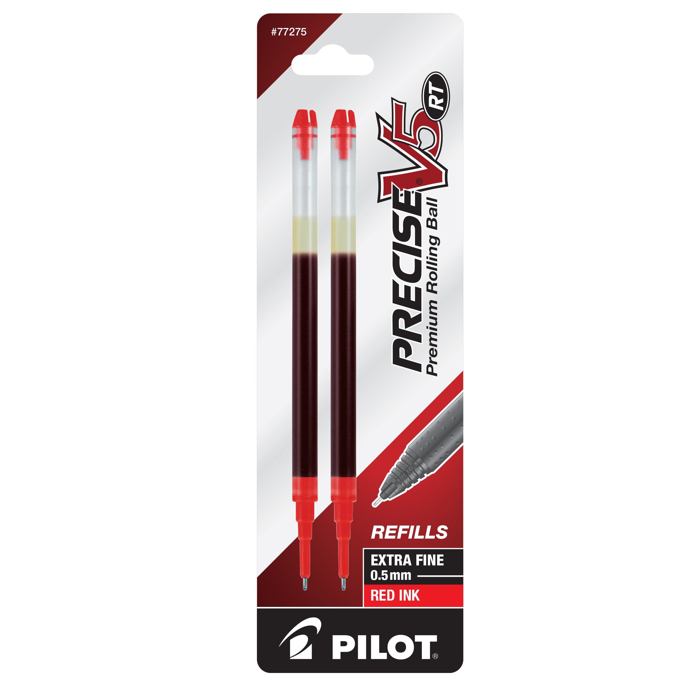 PILOT Precise V5 RT Liquid Ink Refill For Retractable Pens, Extra Fine Point (0.5mm) Red Ink, 2-Pack (77275)