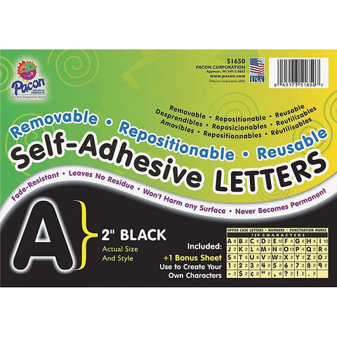 Pacon Reusable Self-Adhesive Vinyl Letters & Numbers Puffy Font 2" Black