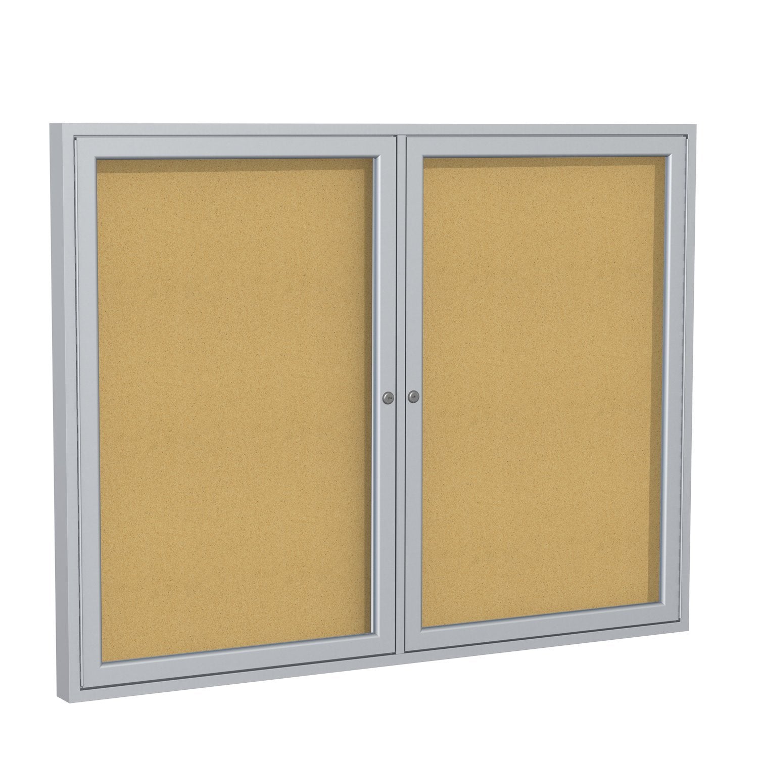 Ghent 36" x 48" 2-Door indoor Enclosed Bulletin Board, Shatter Resistant, with Lock, Satin Aluminum Frame - Natural Cork (PA234K) Made in the USA