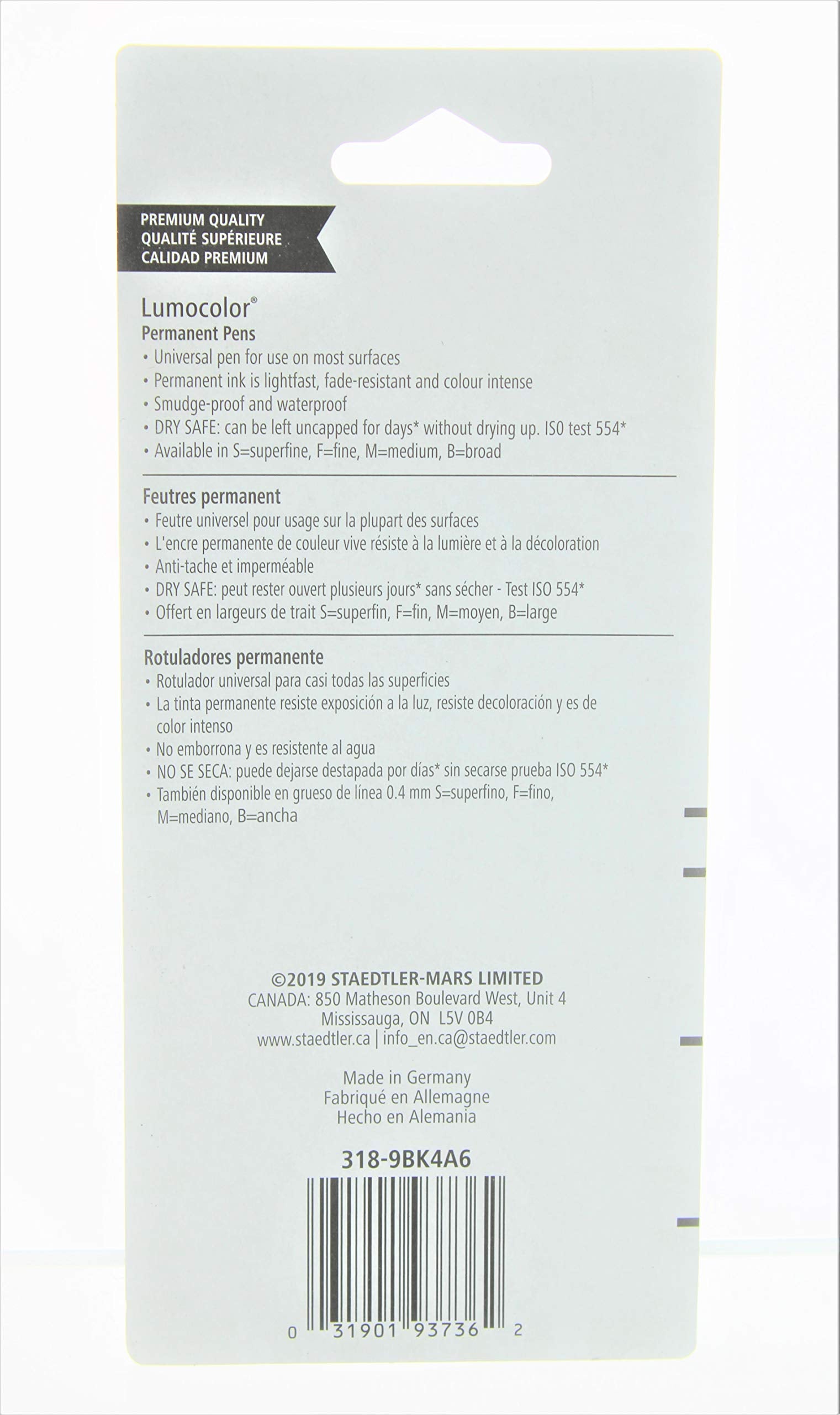 Staedtler Lumocolor Permanent Pen 318-9 Fine 0.6mm Line - Black (Pack of 4)