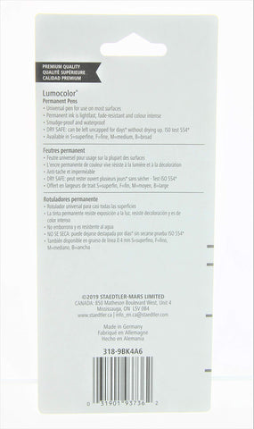 Staedtler Lumocolor Permanent Pen 318-9 Fine 0.6mm Line - Black (Pack of 4)