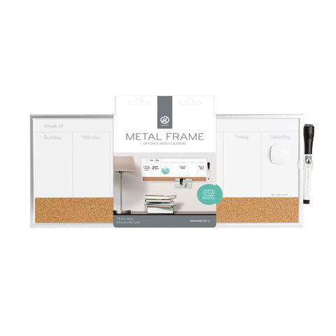 U Brands Magnetic Dry Erase Weekly Calendar White Board With Cork Strip, 18" x 7.5", Silver Aluminum Frame, Includes Magnet, Marker