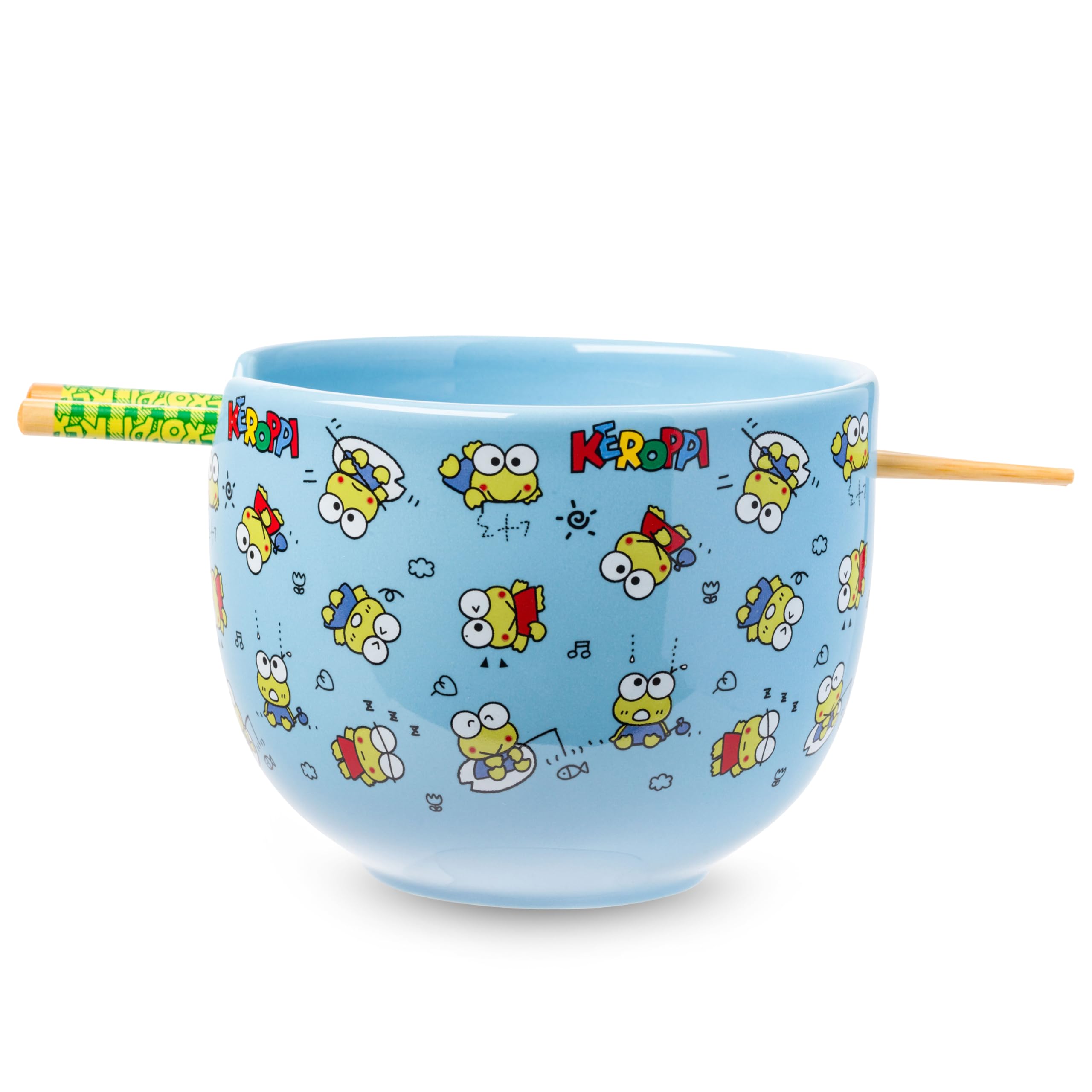 Silver Buffalo Sanrio Hello Kitty and Friends Keroppi Fishing and Doodling Ceramic Ramen Noodle Rice Bowl with Chopsticks, Microwave Safe, 20 Ounces