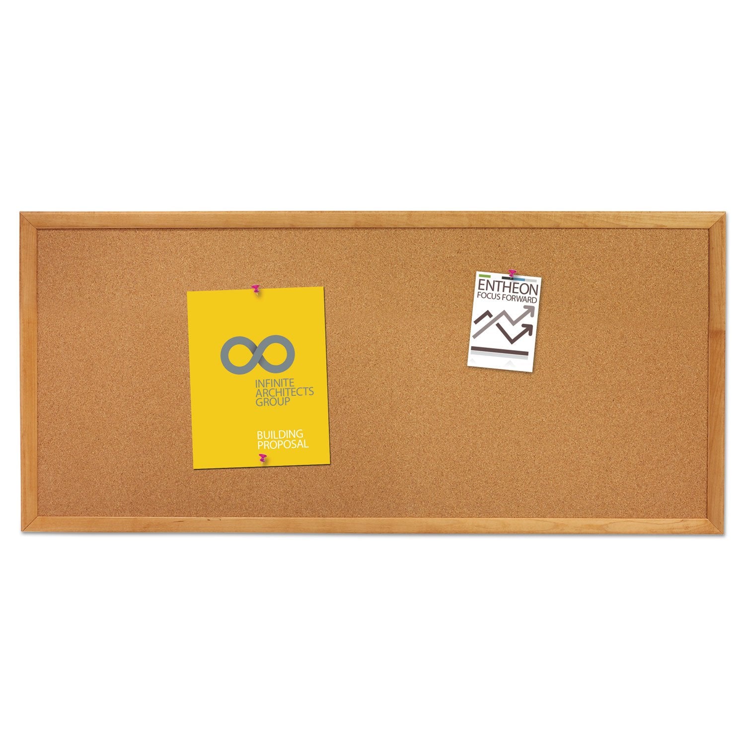 Quartet Cork Board, Bulletin Board, 3' x 1' Corkboard, Oak Finish Frame (300)