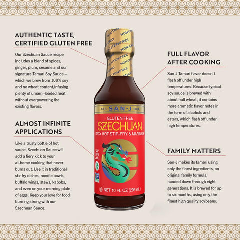 San-J Gluten Free Szechuan Cooking Sauce - Szechuan Sauce, Szechuan Dipping Sauce, Hot & Spicy Marinade & Stir Fry Sauce, Kosher, Non-GMO, No Artificial Preservatives - 10 Fl Oz
