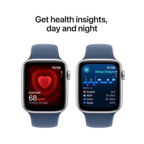Apple Watch SE (2nd Gen) [GPS 44mm] Smartwatch with Silver Aluminum Case with Denim Sport Band M/L. Fitness and Sleep Trackers, Crash Detection, Heart Rate Monitor, Retina Display