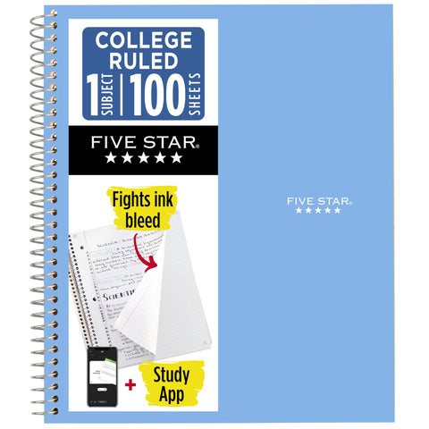 Five Star Spiral Notebook + Study App, 1 Subject, College Ruled Paper, 8.5" x 11", 100 Sheets, Blue (Color May Vary) (72565)