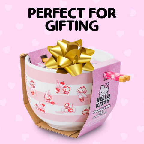 Silver Buffalo Sanrio Hello Kitty Strawberry Milk Pattern Ceramic Ramen Noodle Rice Bowl with Chopsticks, Microwave Safe, 20 Ounces