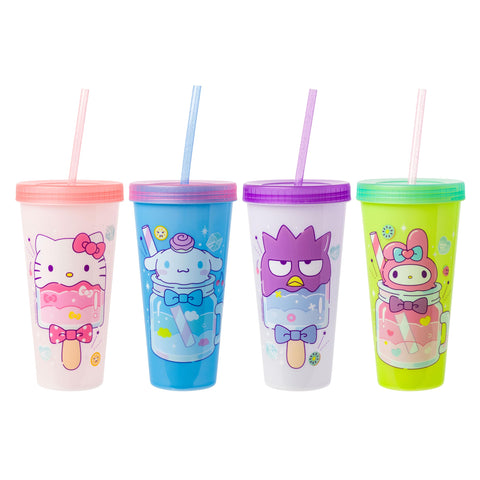 Silver Buffalo Sanrio Hello Kitty and Friends 4 Pack Color Changing Plastic Tumblers Featuring Hello Kitty, My Melody, Badtz Maru, and Cinnamoroll, 24 Ounce