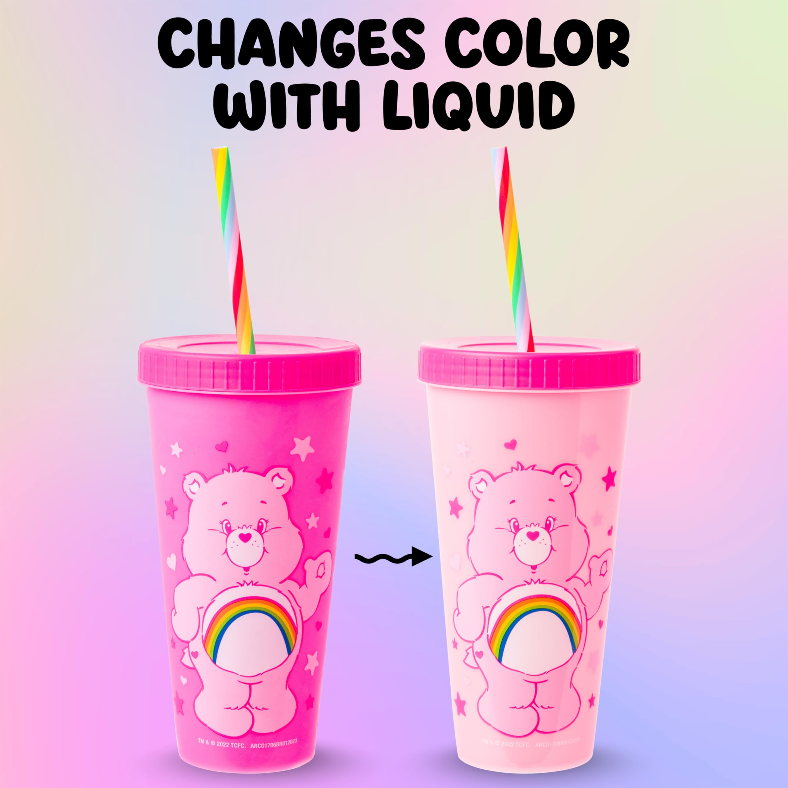 Silver Buffalo Care Bears Hearts and Stars 4 Pack Plastic Color Changing Tumblers with Rainbow Swirl Straws Featuring Tenderheart, Funshine, Cheer, and Grumpy Bear 24 Ounces