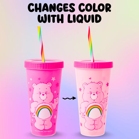 Silver Buffalo Care Bears Hearts and Stars 4 Pack Plastic Color Changing Tumblers with Rainbow Swirl Straws Featuring Tenderheart, Funshine, Cheer, and Grumpy Bear 24 Ounces