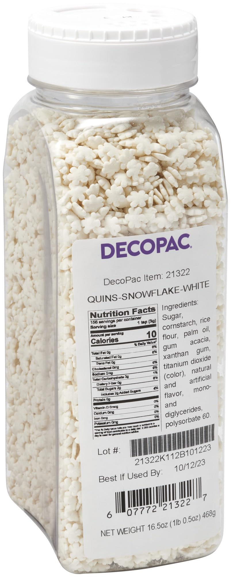 DecoPac White Snowflake Quins, 16.5oz, Fancy Sprinkles Shaped Like Snowflakes, Candy Sprinkles in Handheld Container, Edible Sprinkles For Celebration Cakes, Cupcakes, Cookies 1.03 Pound (Pack of 1)