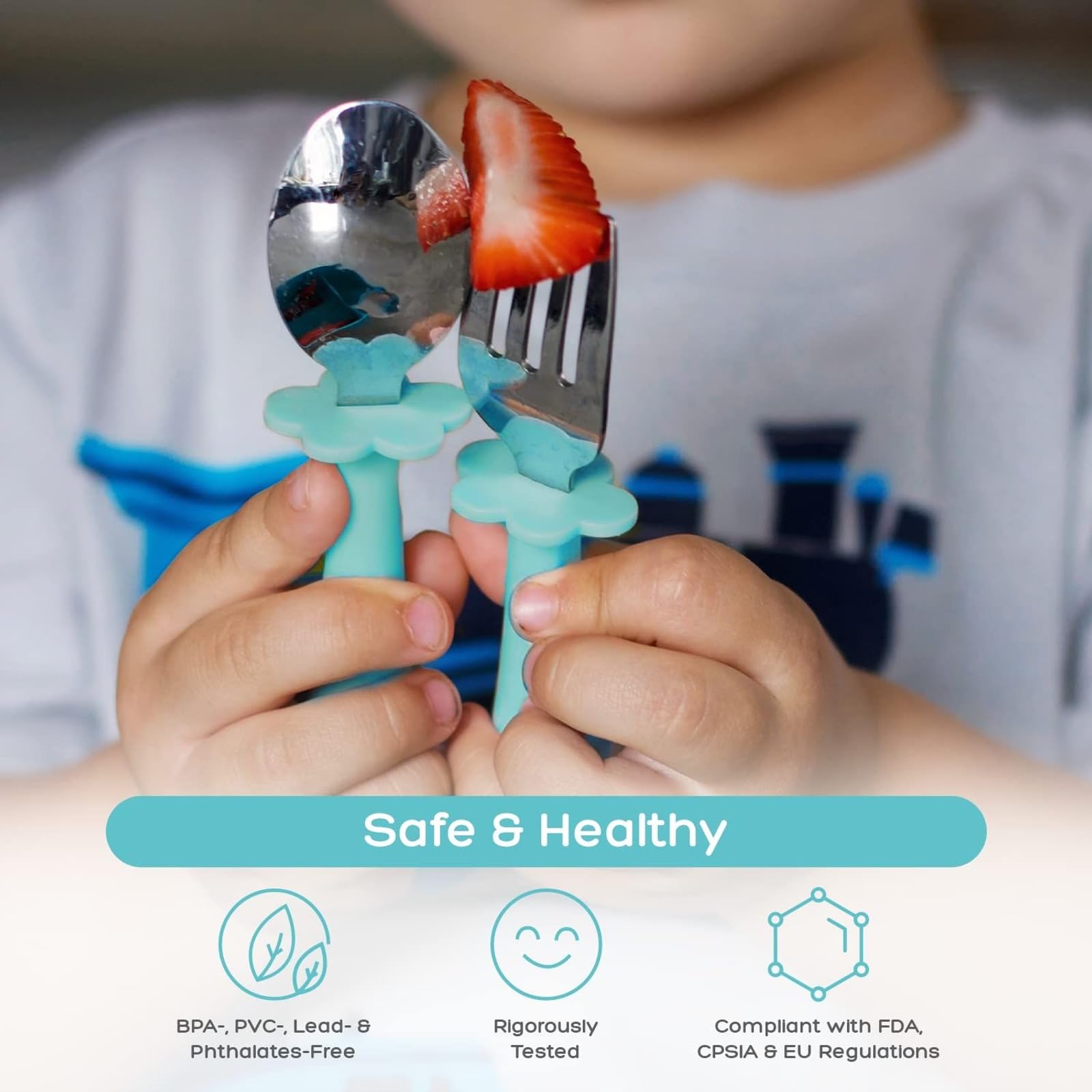 Grabease Toddler Silverware Set Forks Spoons and Knives Set Toddler Utensils Feeding Supplies, BPA and Phthalates-Free, Dishwasher Safe, Teal