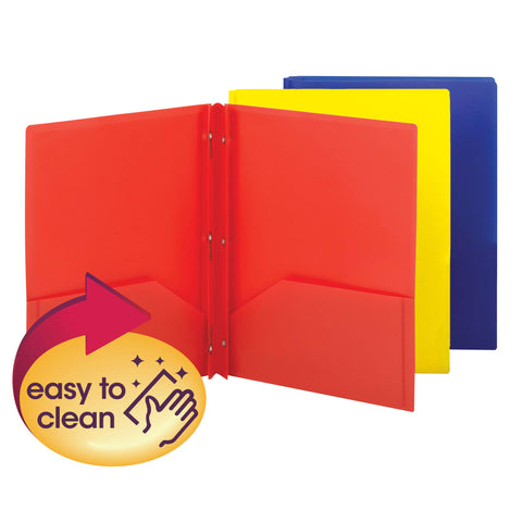 Smead Poly Two-Pocket Folder, Three-Hole Punch Prong Fasteners, Letter Size, Assorted Colors, 3 per Pack (87738)
