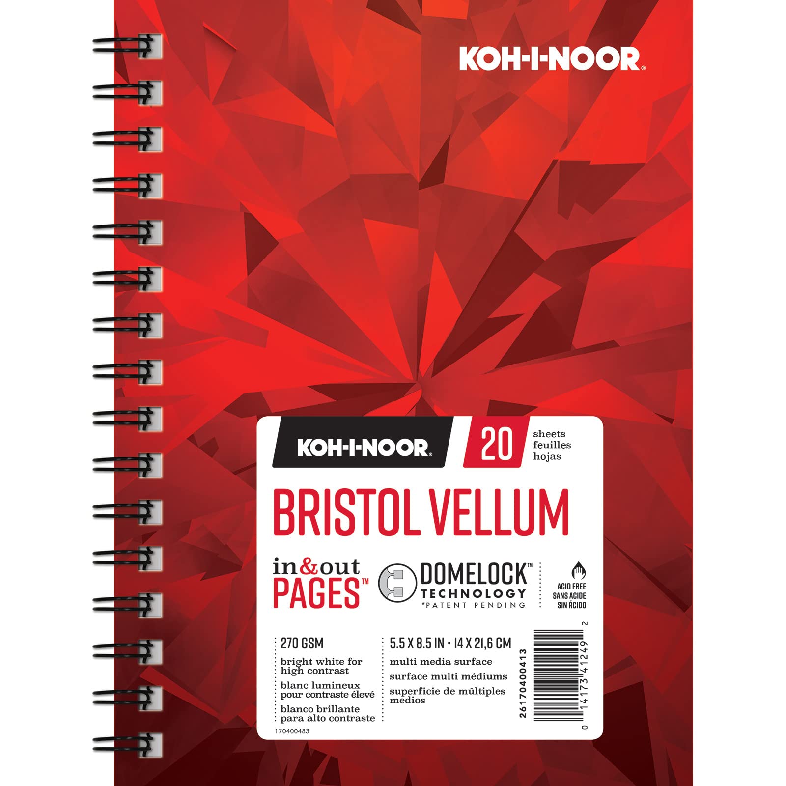 Koh-I-Noor 5.5" x 8.5" Bristol Vellum Bright White Paper Pad with In and Out Pages, 270 GSM, Side Wire-Bound, 20 Sheets per Pad (26170400413)