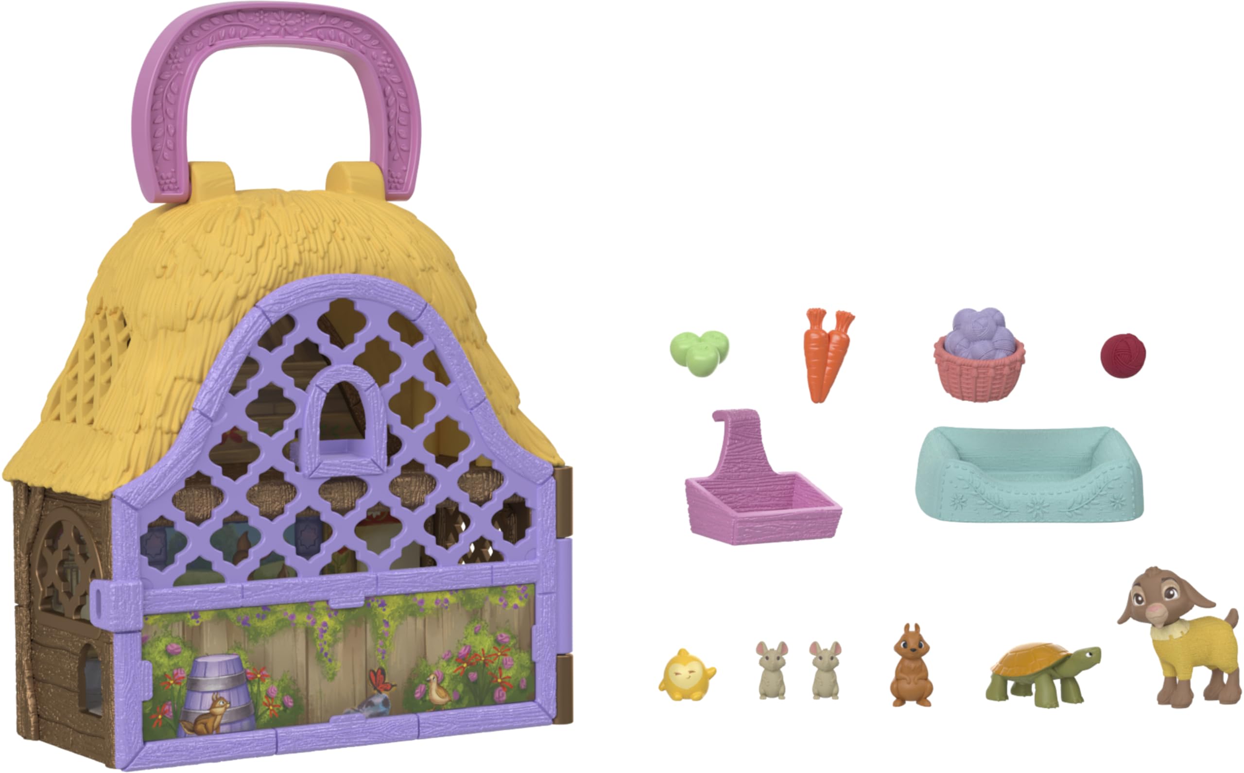 Mattel Disney Wish Micro Figure & Doll House Playset, Star & Valentino of Rosas Portable Set with Valentino the Goat & Star Figures & 10 Accessories, Travel Toy