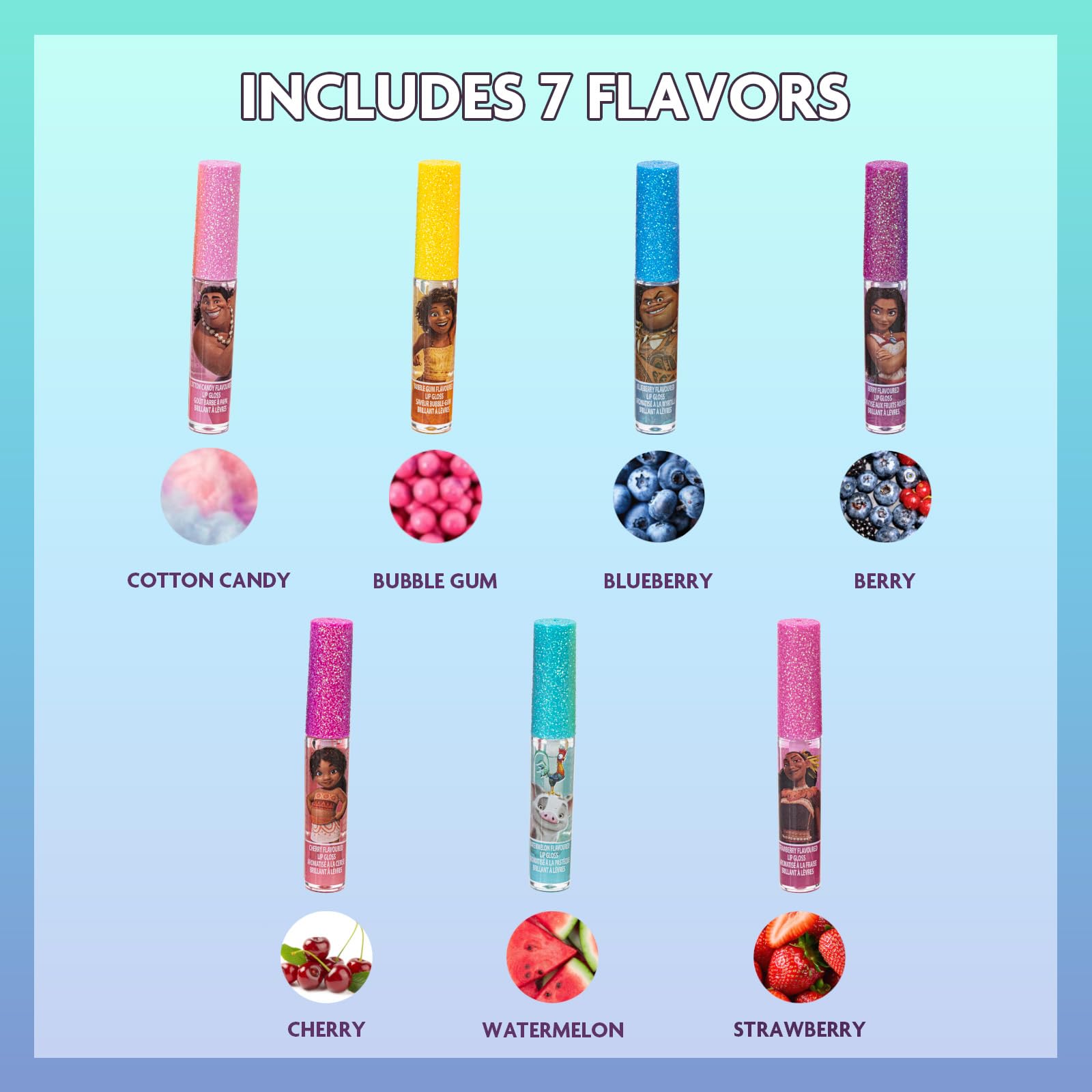 Disney Moana 7 Piece Plant Based Lip Gloss, Girls Party Favors, First Makeup Set for Girl, Perfect for Parties, Sleepovers, and Birthday Gifts, Ages 3+, by Townley Girl