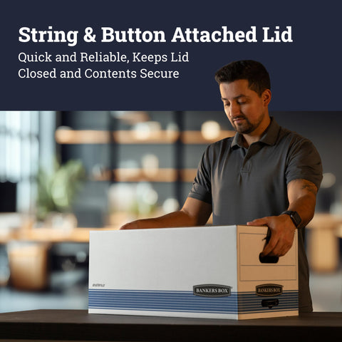 Bankers Box 12-Pack Medium-Duty String & Button File Storage Box, FastFold Assembly, Legal, STOR/FILE, (00705)