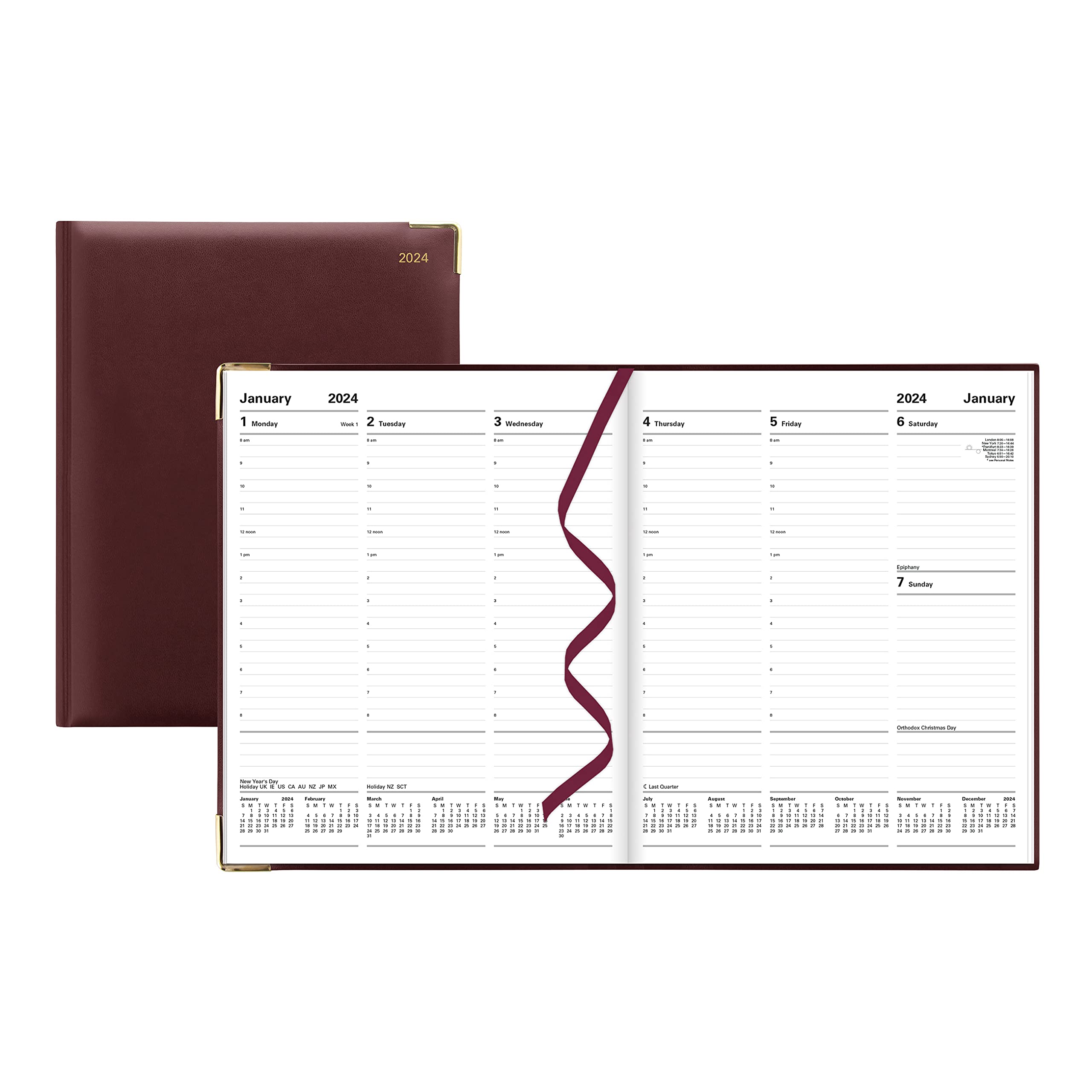 Letts of London Classic Weekly Planner, 12 Months, January to December, 2024, Appointments, Gold Corners, Quarto Size, 10.25" x 8.25", Burgundy (C32YBY-24)