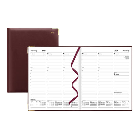 Letts of London Classic Weekly Planner, 12 Months, January to December, 2024, Appointments, Gold Corners, Quarto Size, 10.25" x 8.25", Burgundy (C32YBY-24)