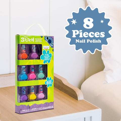 Disney Stitch Non-Toxic Peel-Off Water-Based Safe Quick Dry Nail Polish |Gift Kit Set for Kids Tweens Girls, Shimmer and Opaque Colors| Ages 3+ (8 Pcs)