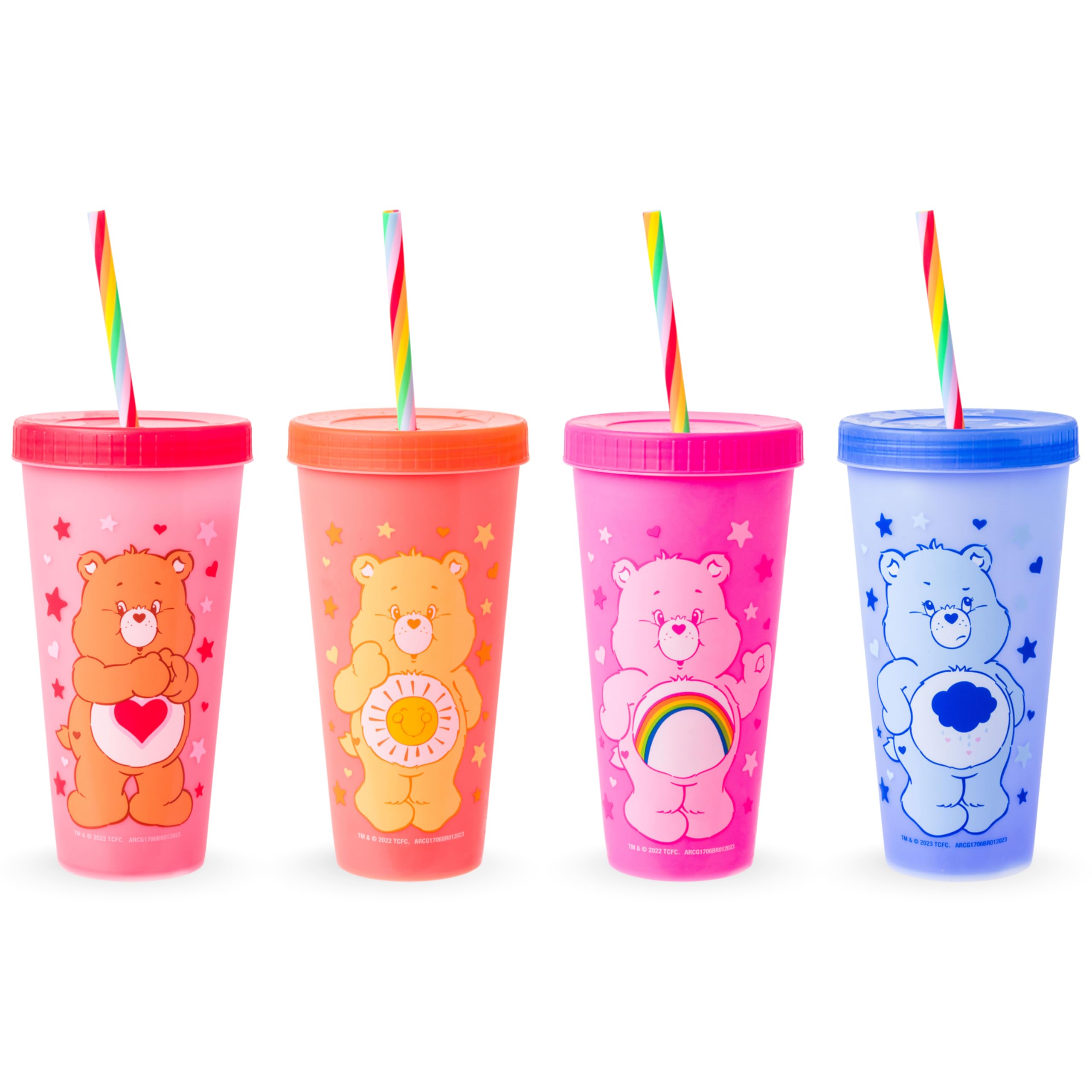 Silver Buffalo Care Bears Hearts and Stars 4 Pack Plastic Color Changing Tumblers with Rainbow Swirl Straws Featuring Tenderheart, Funshine, Cheer, and Grumpy Bear 24 Ounces