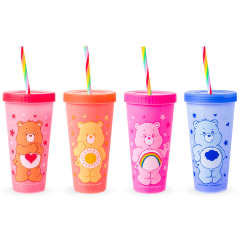 Silver Buffalo Care Bears Hearts and Stars 4 Pack Plastic Color Changing Tumblers with Rainbow Swirl Straws Featuring Tenderheart, Funshine, Cheer, and Grumpy Bear 24 Ounces