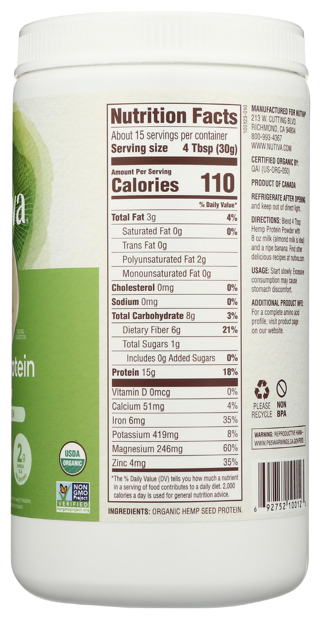 Nutiva Organic Cold-Pressed Raw Hemp Seed Protein Powder, Peak Protein, 16 Ounce, USDA Organic, Non-GMO, Whole 30 Approved, Vegan, Gluten-Free & Keto, Plant Protein with Essential Amino Acids