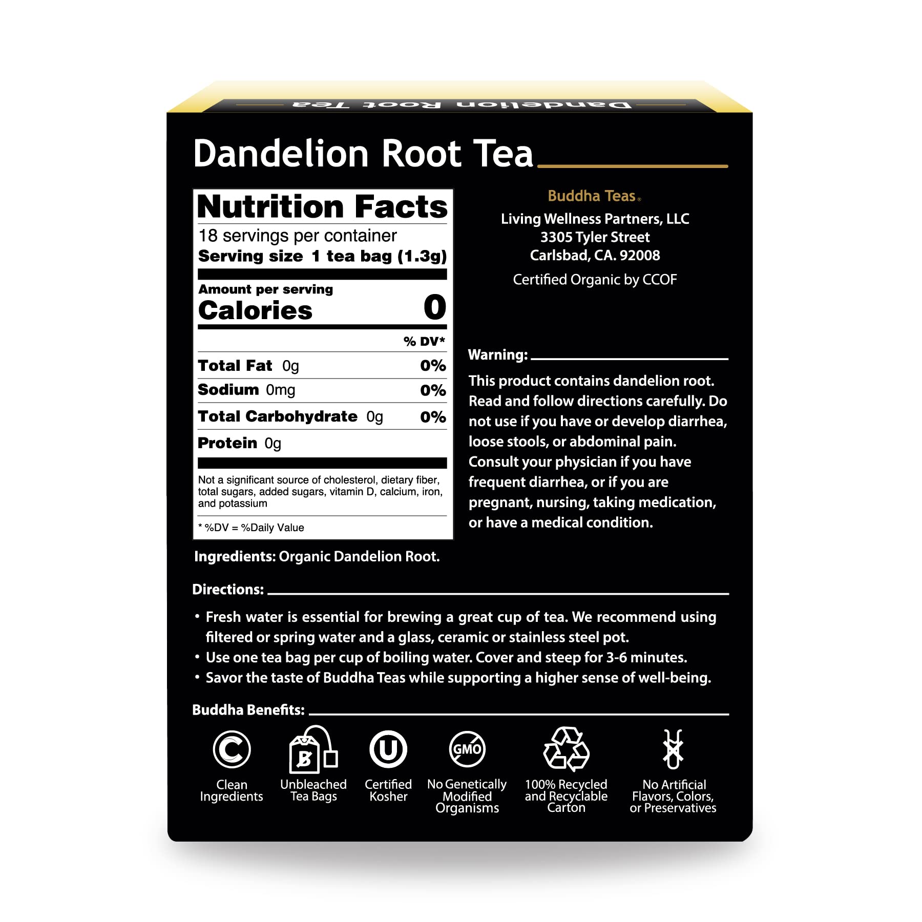 Organic Dandelion Root Tea – 18 Bleach-Free Tea Bags – Caffeine-Free Tea with a Rich, Earthy Taste, Natural Source of Vitamins, Minerals, and Antioxidants, Kosher, GMO-Free