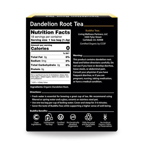Organic Dandelion Root Tea – 18 Bleach-Free Tea Bags – Caffeine-Free Tea with a Rich, Earthy Taste, Natural Source of Vitamins, Minerals, and Antioxidants, Kosher, GMO-Free