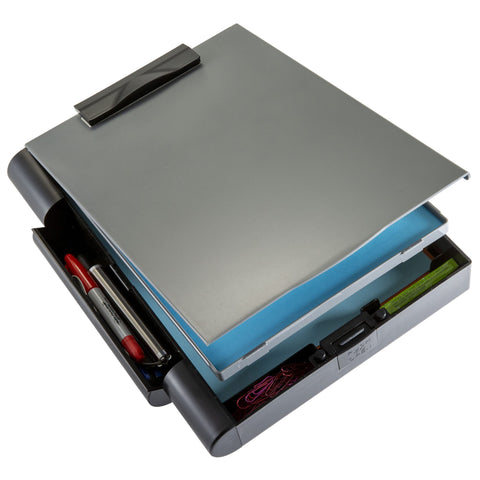 Officemate Double Storage Clipboard, Form Holder with 2 Compartments, Magnetized Storage, Pen Holder & Clip, Letter Size, Recycled Plastic, Gray/Black (83357)