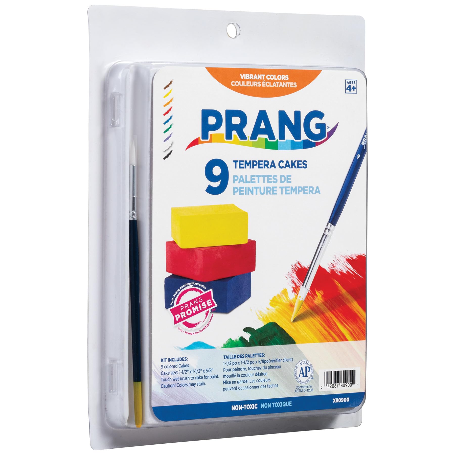 Prang Tempera Cake Set With Brush, 9 Assorted Colors, 1 Count