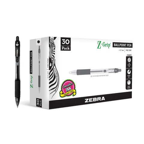 Zebra Pen Z-Grip Retractable Ballpoint Pen, Smooth-Flowing Ink, Fine Point, 0.7mm, School & Office Supplies, Ideal for Note-Taking, Journal and Planner Use, Black Ink, 30-Pack (25130)