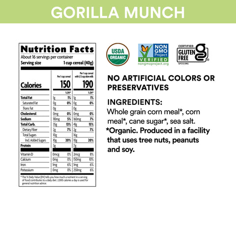 EnviroKidz Organic Gorilla Munch Cereal, 23 oz (Pack of 1), Corn Puffs, Gluten Free, Non-GMO, Earth Friendly Packaging, by Nature's Path