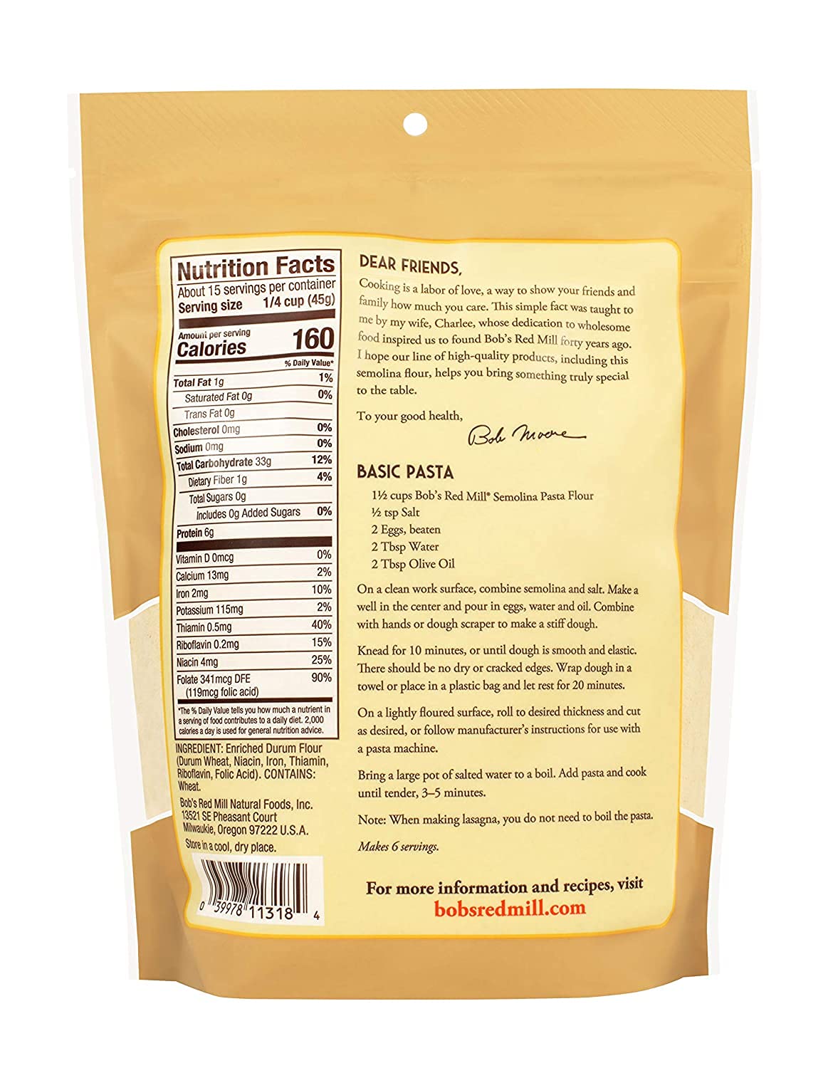 Bob's Red Mill Semolina Pasta Flour, 24oz (Pack of 1) - Vegan, Kosher