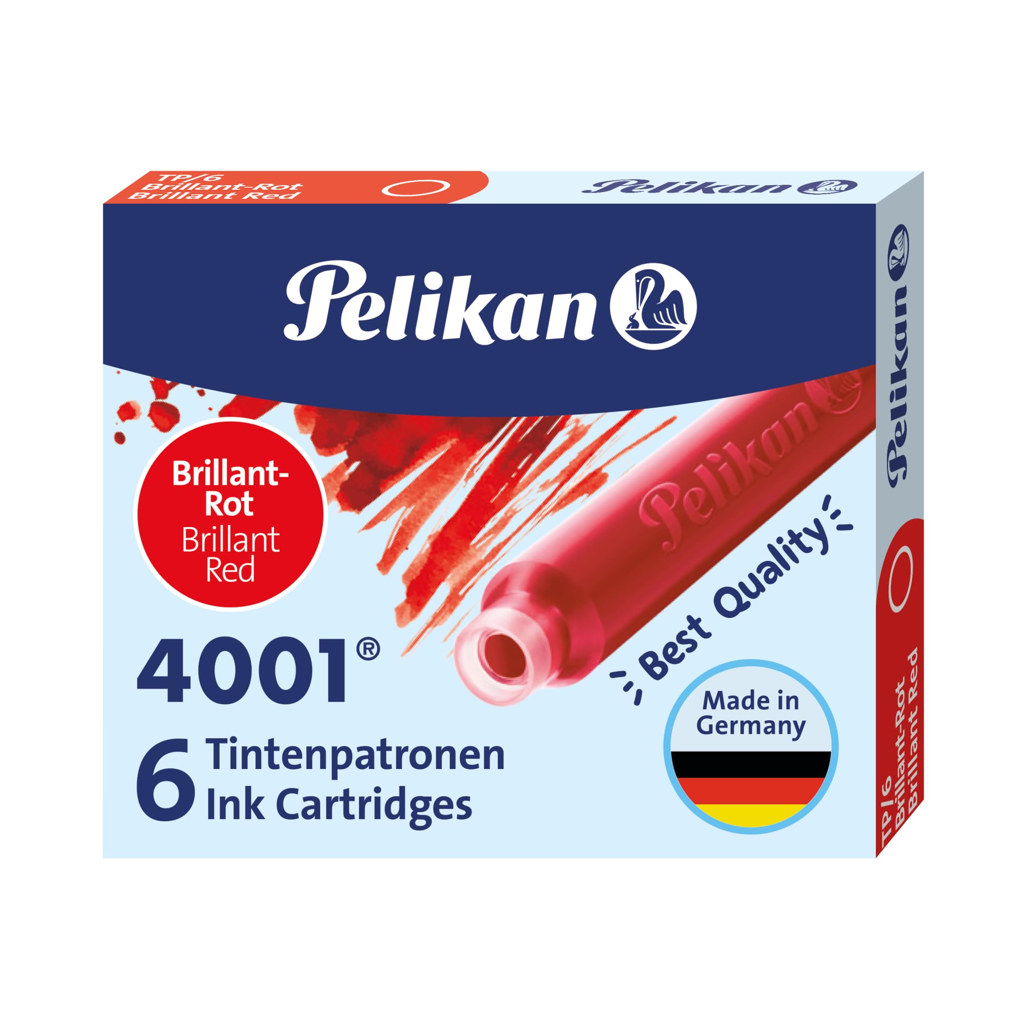 Pelikan 4001 TP/6 Ink Cartridges for Fountain Pens, Brilliant Red, 0.8ml, 6 Pack (301192)