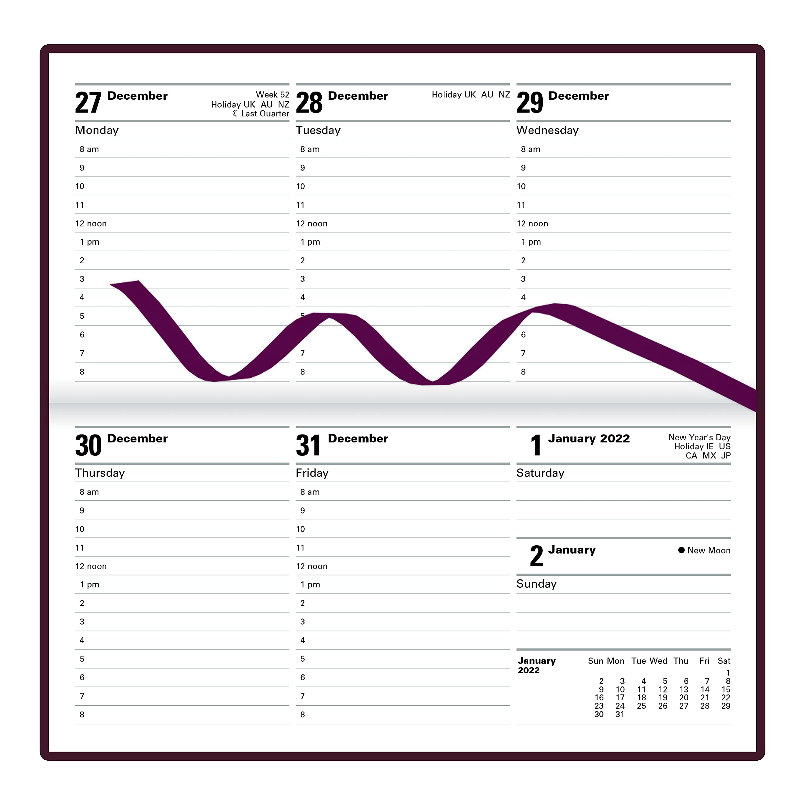 LETTS Classic Weekly/Monthly Planner, 12 Months, January to December, 2022, Week-to-View with Appointments, Gold Corners, Horizontal, 6.625" x 3.25", Burgundy (C32SBY-22)