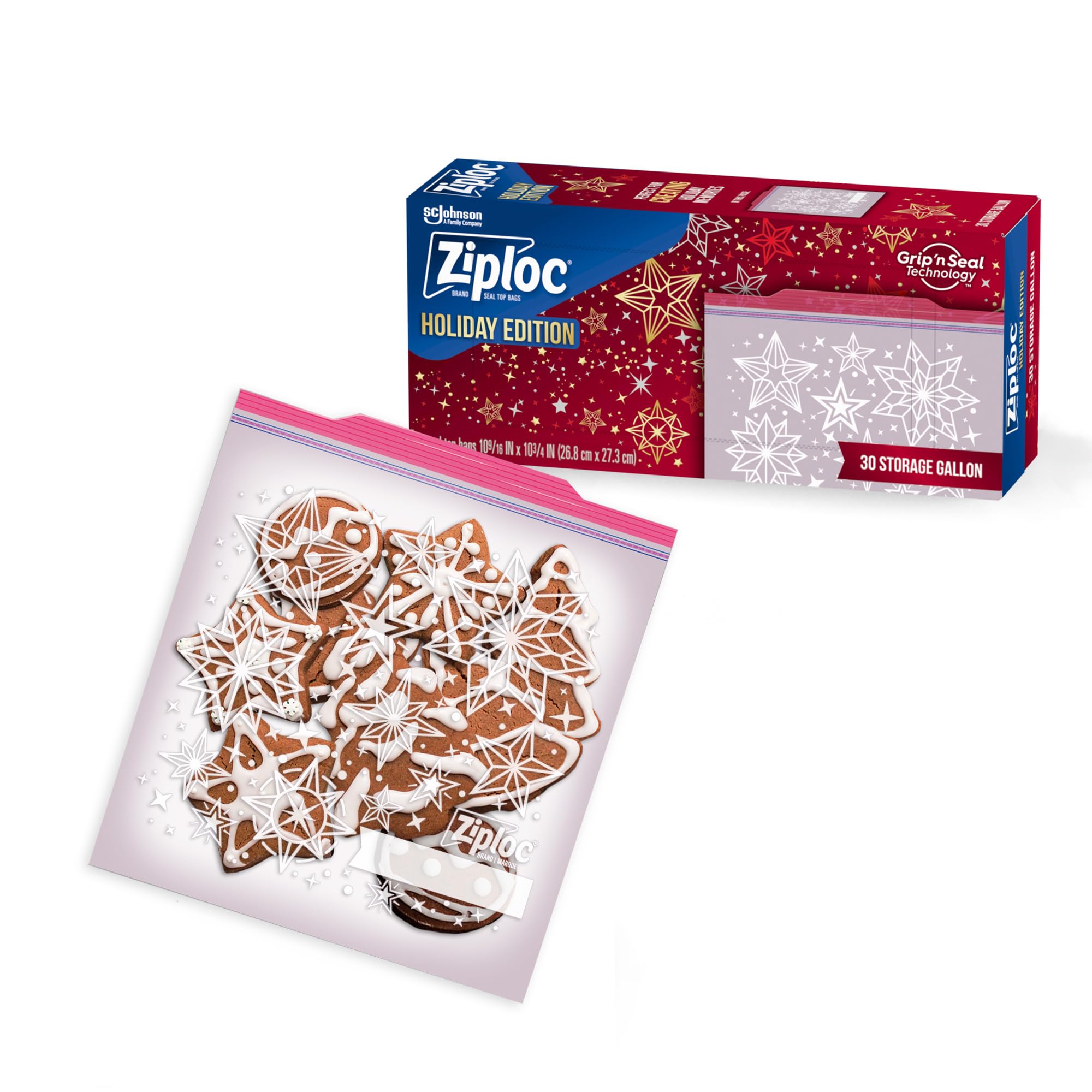 Ziploc Gallon Food Storage Bags, Grip 'n Seal Technology for Easier Grip, Open, and Close, 120 Count, Holiday Designs