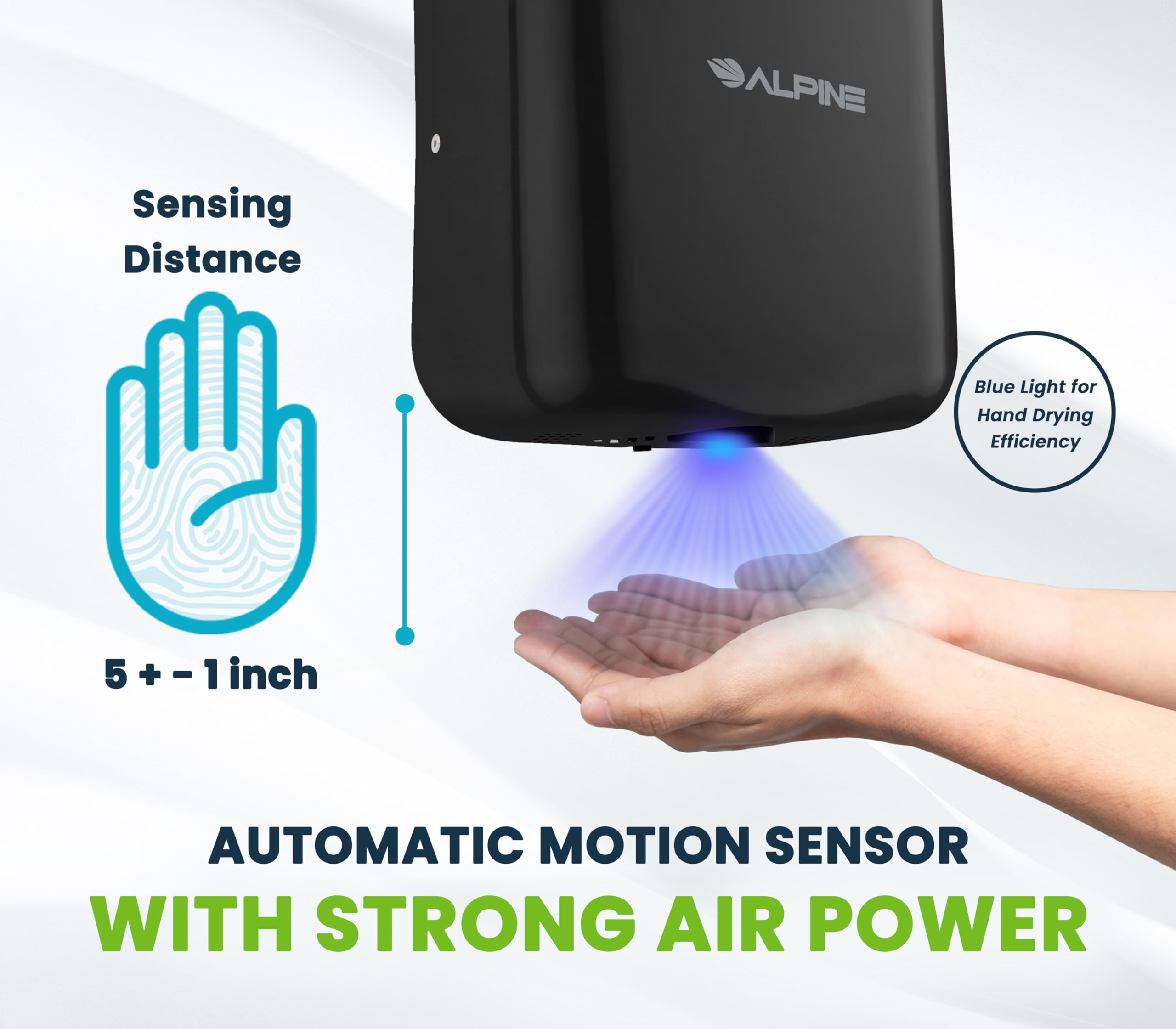 Alpine Commercial Automatic Hand Dryer - High Speed Air Hand Dryer for Home, Restaurant, Bathroom, and High Traffic Areas. 1800 Watts / 110-120 Volts (Black)