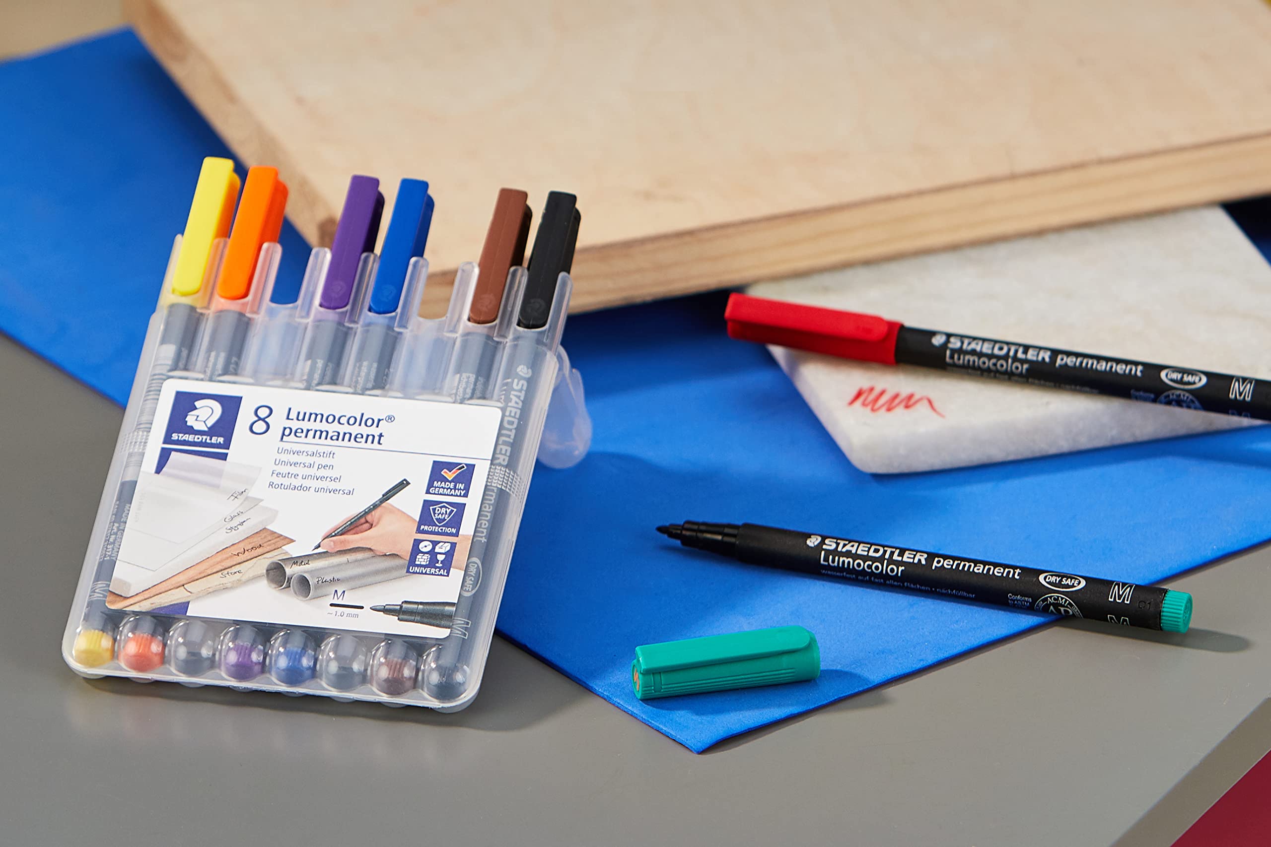 STAEDTLER Lumocolor Permanent Pen 317 Medium 1.0mm Line - Assorted Colours (Pack of 8) (317 WP8 ST), pack of 8