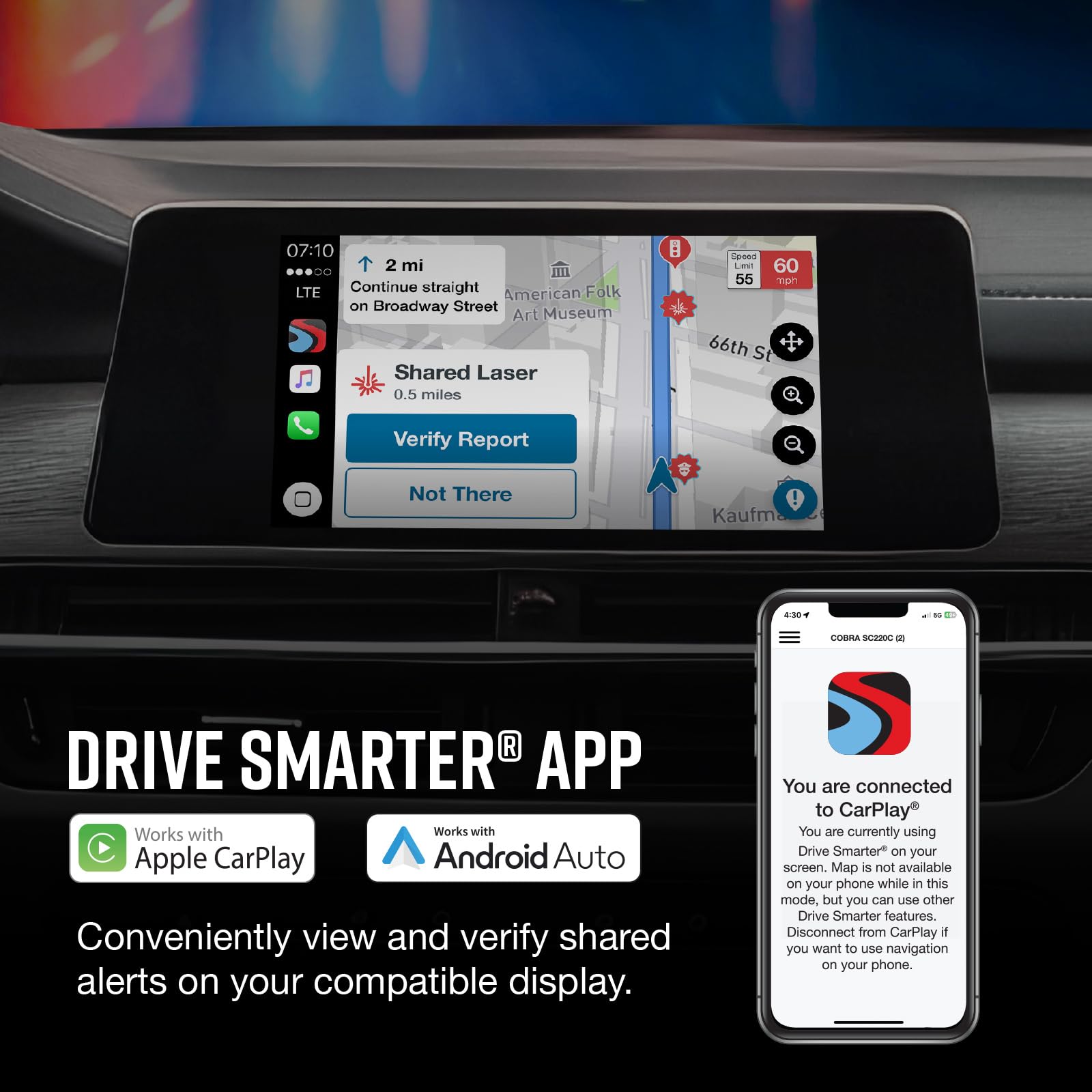 Cobra Smart Dual View Front and Cabin Dash Cam (SC 220C) - QHD 1440P Resolution, 360 Alerts, Parking Live View, Incident Reports, Emergency MayDay, 16 GB SD Card Included, CarPlay & Android Auto
