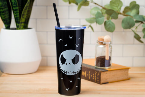 Silver Buffalo Disney Tim Burton's Nightmare Before Christmas Jack Skellington “Seriously Spooky” Double Walled Stainless Steel Tumbler With Straw, 22 Ounces