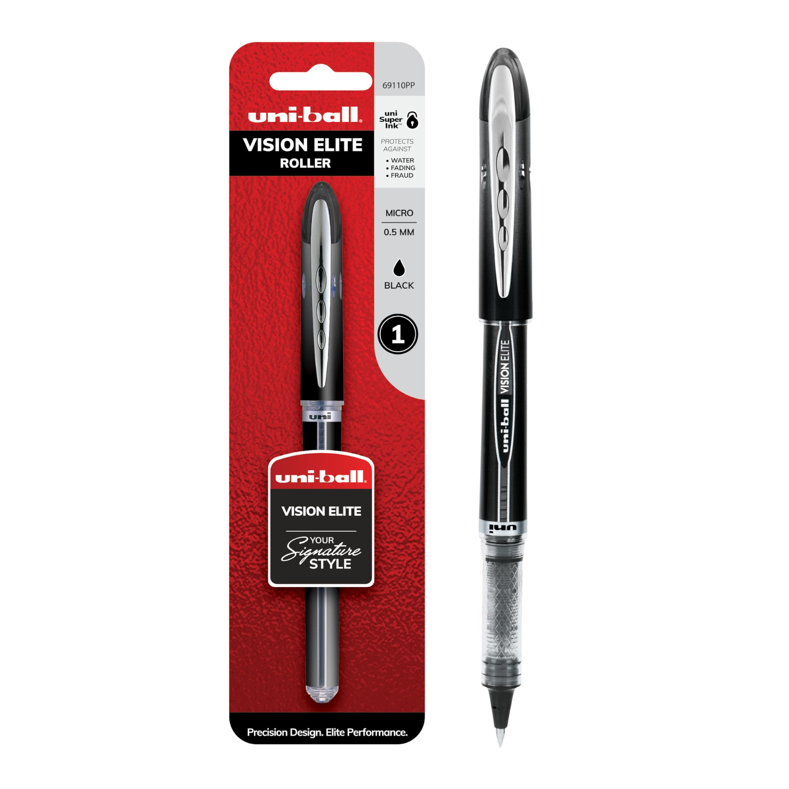 uniball Vision Elite Rollerball Pens, Micro Point (0.5mm), Black, 1 Pack