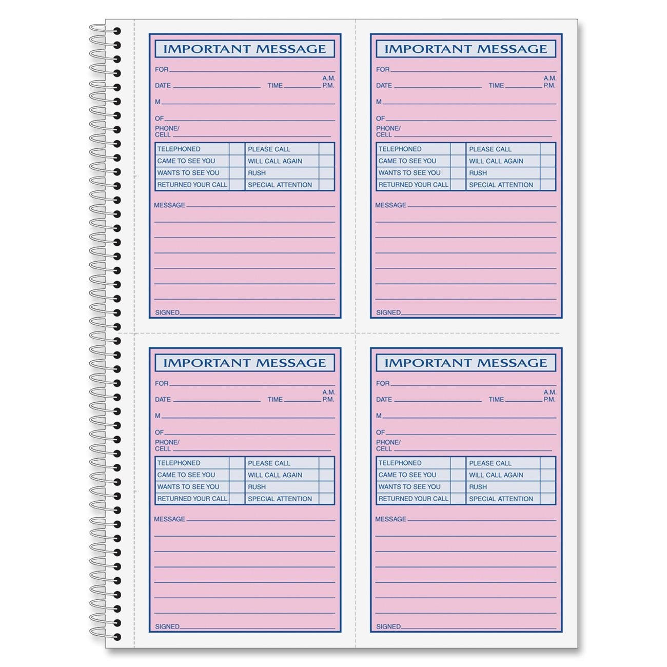 Adams Spiral Bound Phone Message Book, Carbonless Duplicate, 4 Messages per Page, 200 Sets per Book (SC1184D)