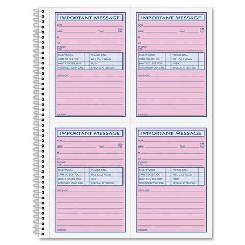 Adams Spiral Bound Phone Message Book, Carbonless Duplicate, 4 Messages per Page, 200 Sets per Book (SC1184D)