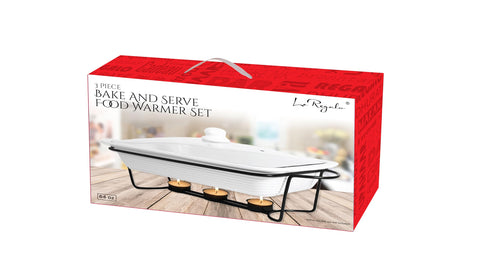 Le Regalo Stoneware 3-Piece Baking Dish, Glass Lid and Metal Stand, Bake and Server Food Warmer Set, Oven, Dishwasher and Freezer
