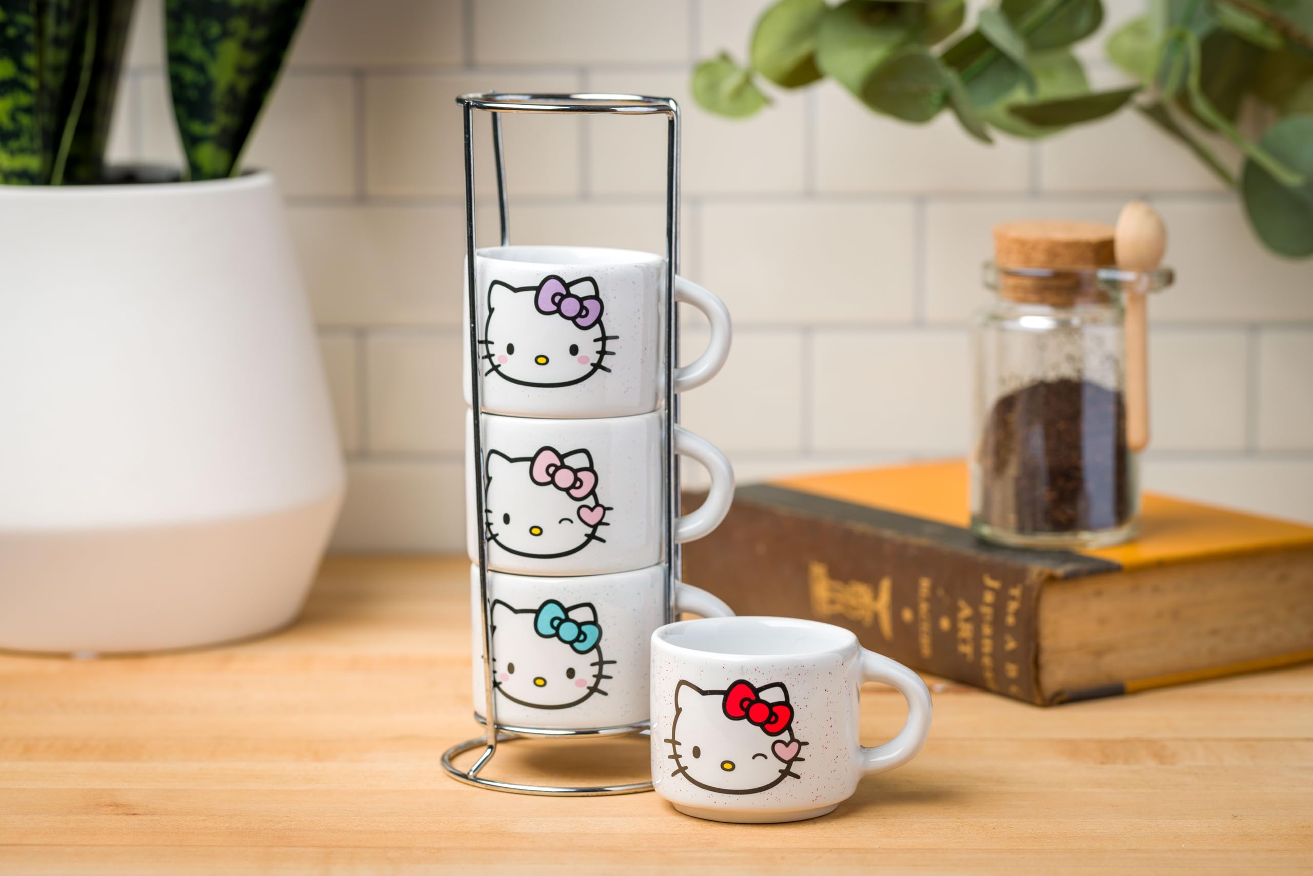 Silver Buffalo Sanrio Hello Kitty Different Colored Bows 4pc Stackable Ceramic Espresso Mug Set with Storage Rack, 3 Ounces