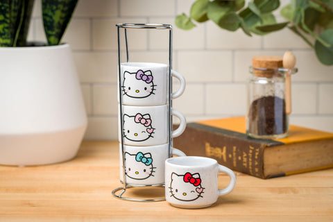 Silver Buffalo Sanrio Hello Kitty Different Colored Bows 4pc Stackable Ceramic Espresso Mug Set with Storage Rack, 3 Ounces