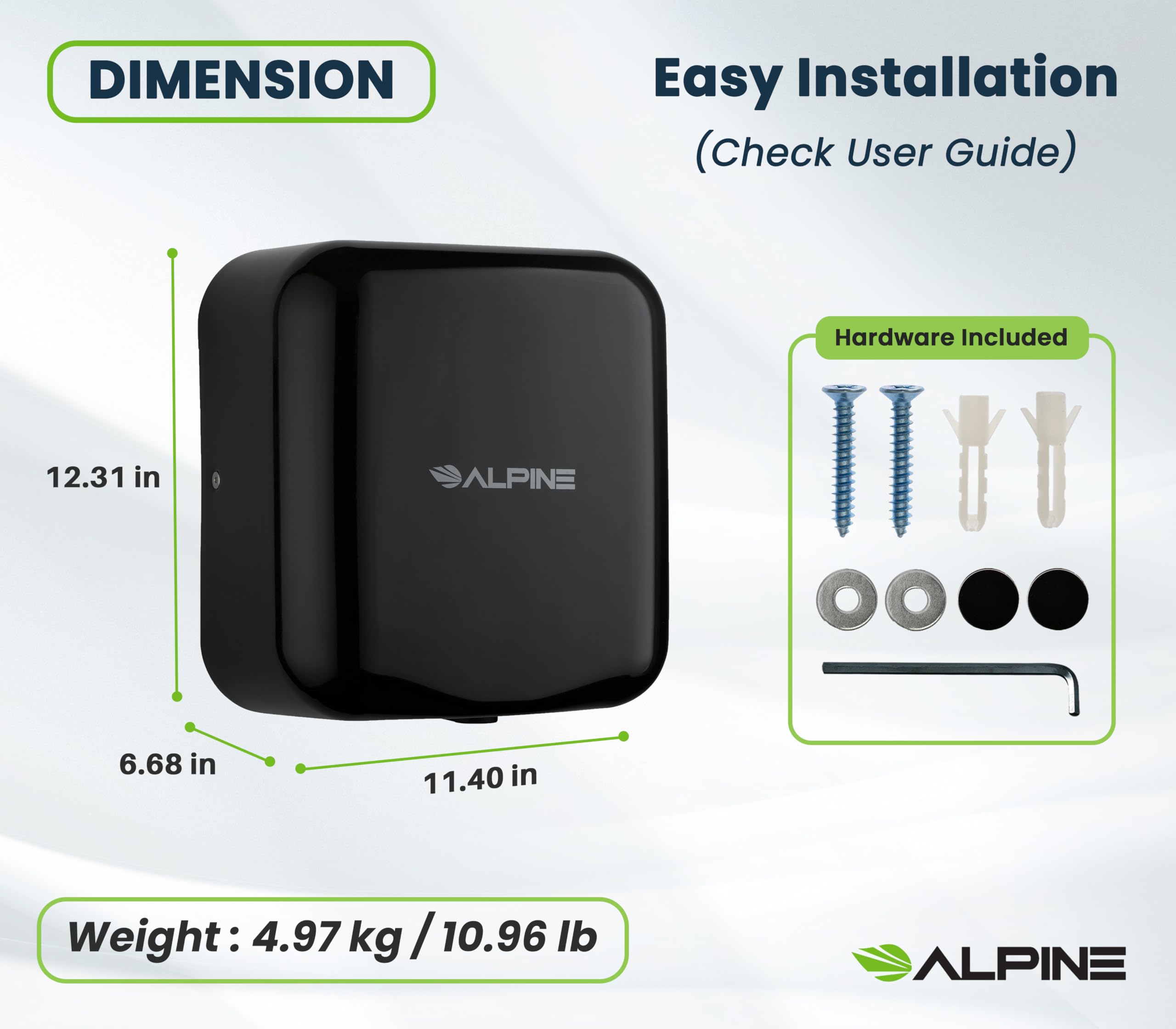 Alpine Commercial Automatic Hand Dryer - High Speed Air Hand Dryer for Home, Restaurant, Bathroom, and High Traffic Areas. 1800 Watts / 110-120 Volts (Black)